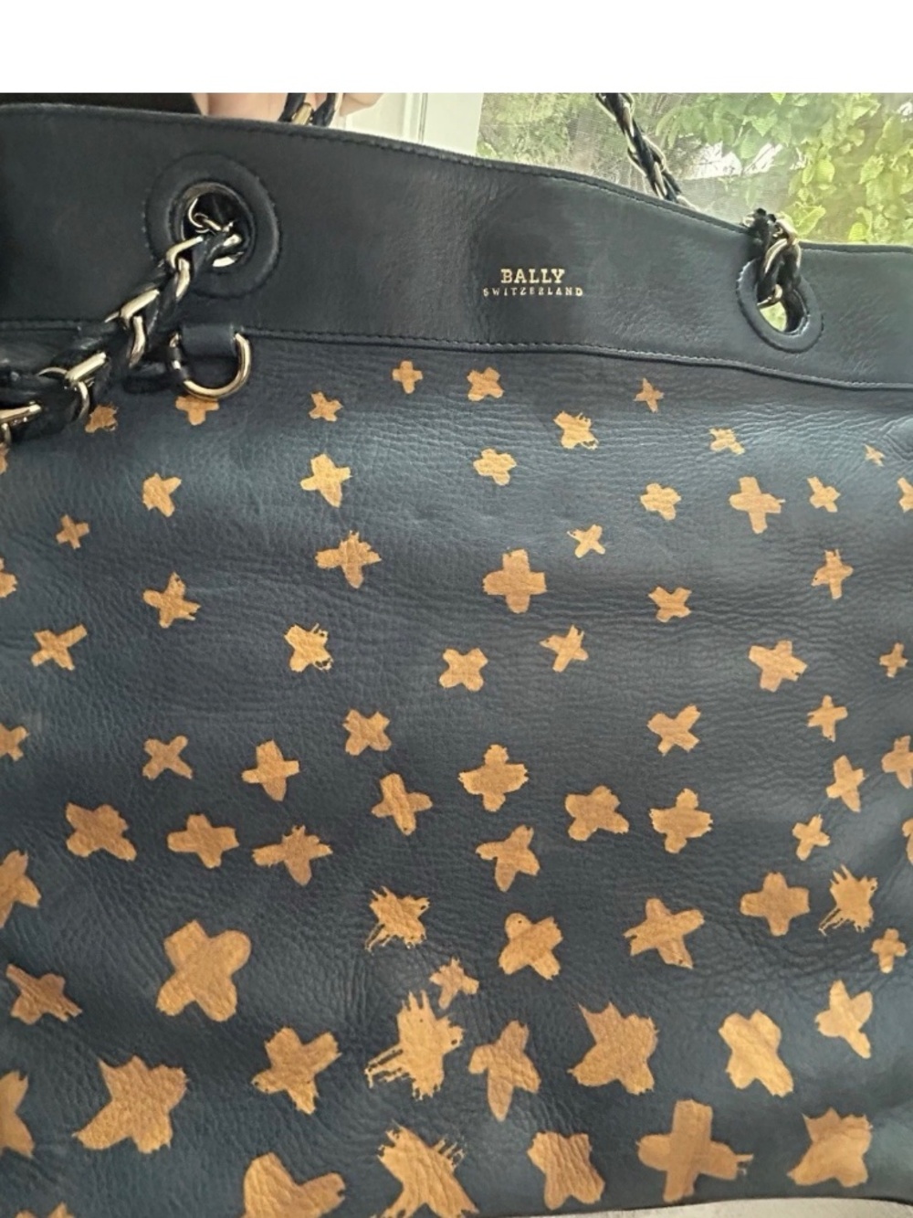 Bally Navy Leather Tote with Tan Cross Motif